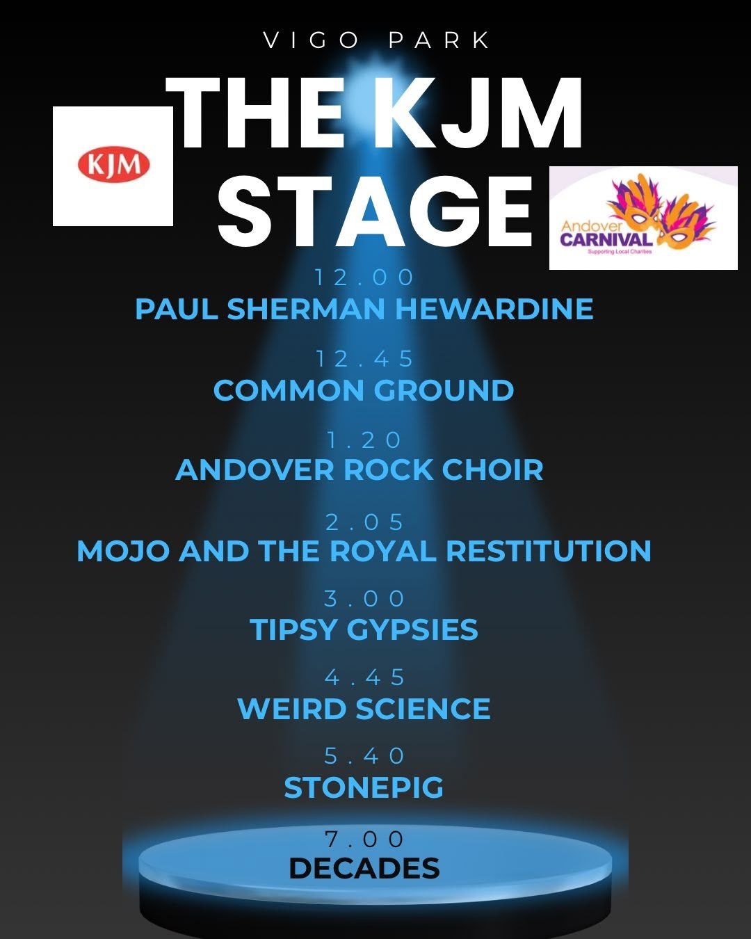 The KJM Stage: Decades + Stonepig + Weird Science + Tipsy Gypsies + Mojo and the Royal Restitution + Andover Rock Choir + Common Ground + Paul Sherman Hewardine The KJM Stage: Decades + Stonepig + Weird Science + Tipsy Gypsies + Mojo and the Royal Restitution + Andover Rock Choir + Common Ground + Paul Sherman Hewardine